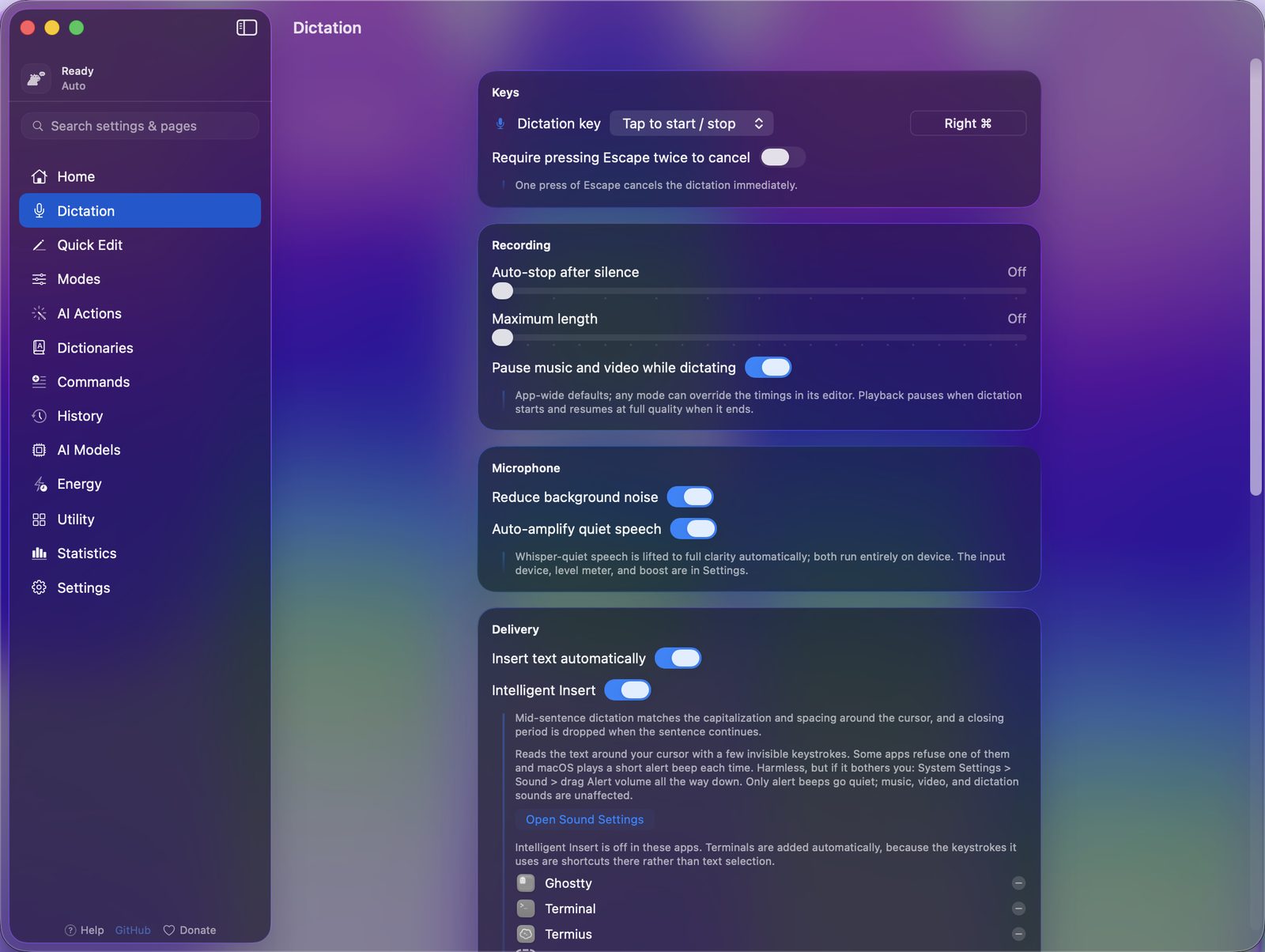YapToText's Dictation settings page on a Mac: the Keys, Recording, Microphone and Delivery cards.