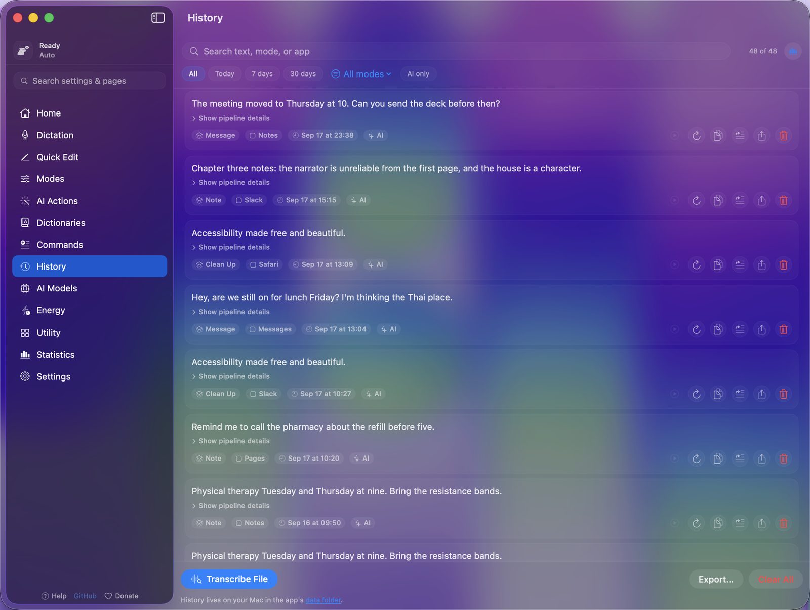 YapToText's History page: a search field, date and mode filters, and dictations tagged with their mode, app and time.