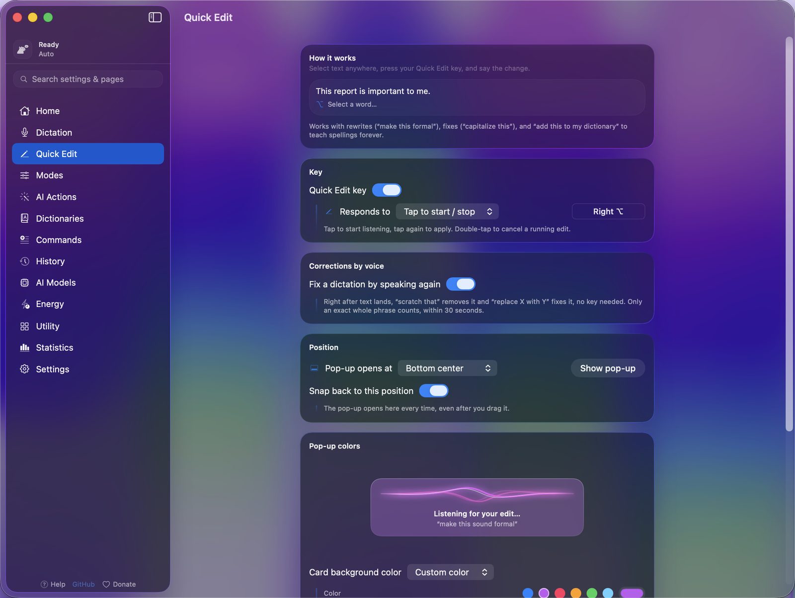 YapToText's Quick Edit page: the Quick Edit key on Right Option, Corrections by voice, pop-up position and colors.