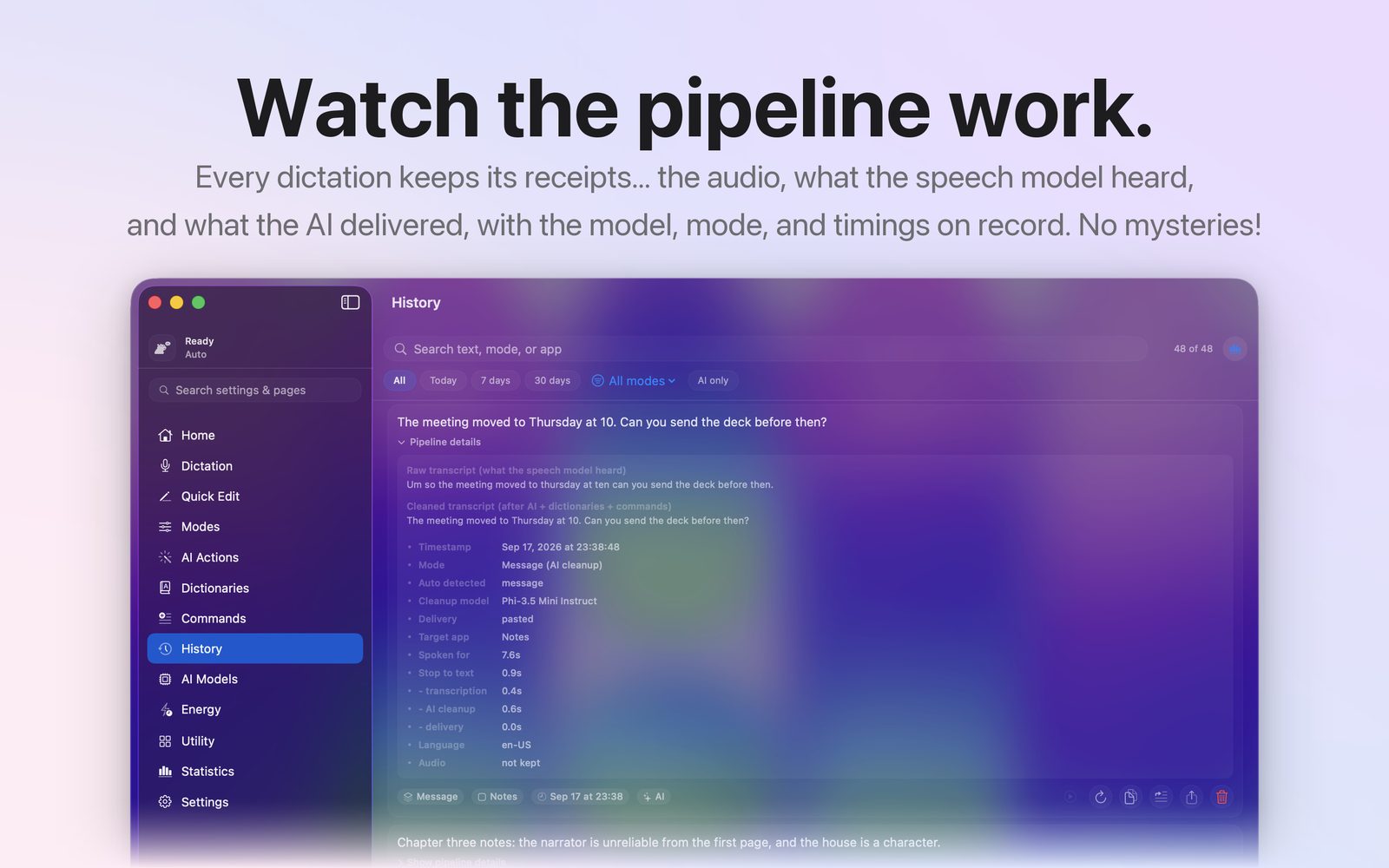 A poster headed Watch the pipeline work: YapToText's History page with one dictation's pipeline details open, from the raw transcript to the timings.