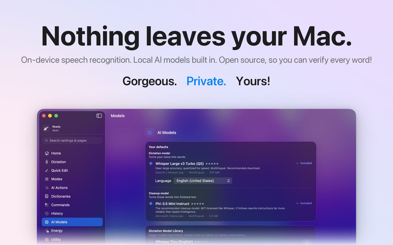 App Store poster headed Nothing leaves your Mac, over YapToText's AI Models page with both models marked Included.