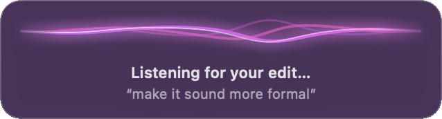 The Quick Edit card with a live waveform, the text Listening for your edit, and the spoken instruction make it sound more formal underneath