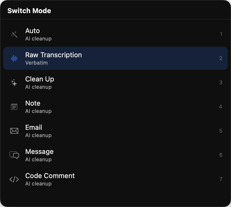 The mode switcher: Auto, Raw Transcription, Clean Up, Note, Email, Message, and Code.
